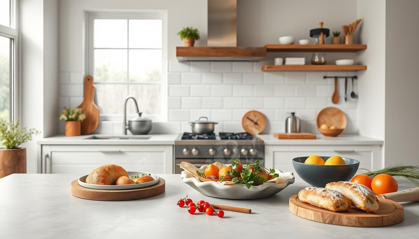 Measured baking ingredients prepared on a counter